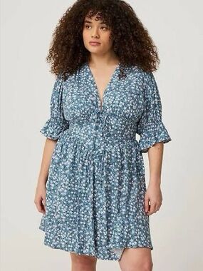 Blue Floral Short Sleeve V-Neck Dress | 1X (14-16)